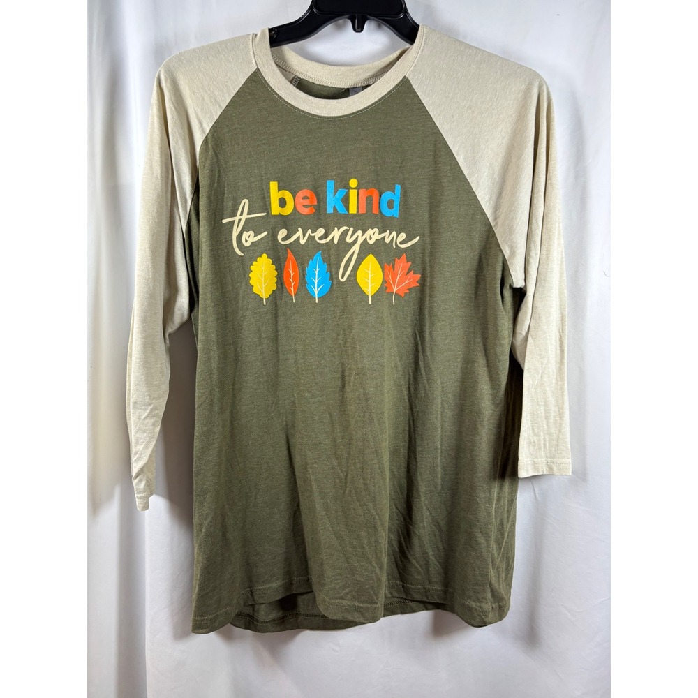 Next Level Womens XL Be Kind To Everyone Raglan Baseball Tee Olive Green Fall